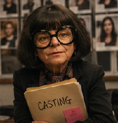 Ruth with enormous black glasses, holding a casting folder