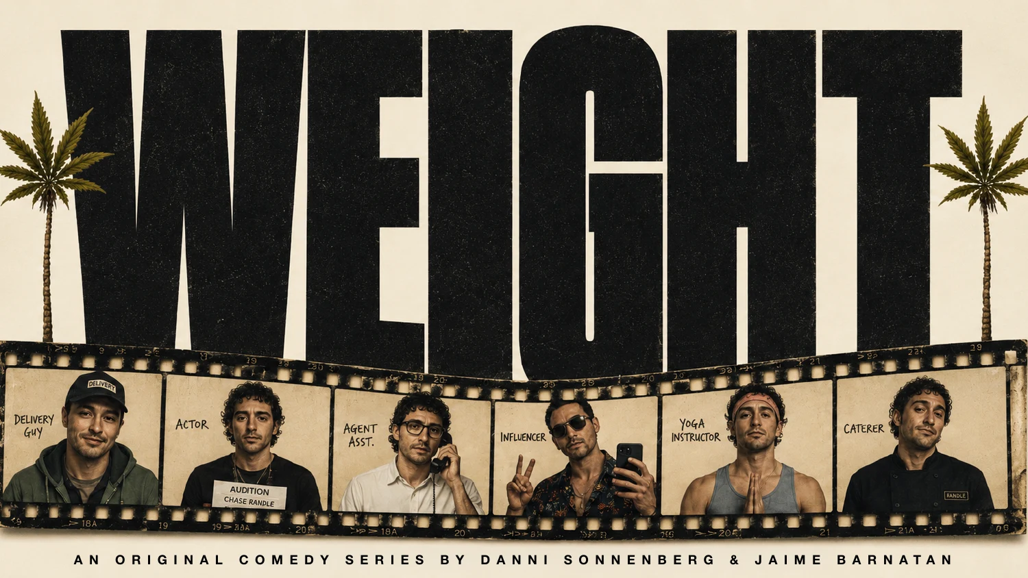 WEIGHT key art: Chase in a film strip as delivery guy, actor, agent assistant, influencer, yoga instructor and caterer