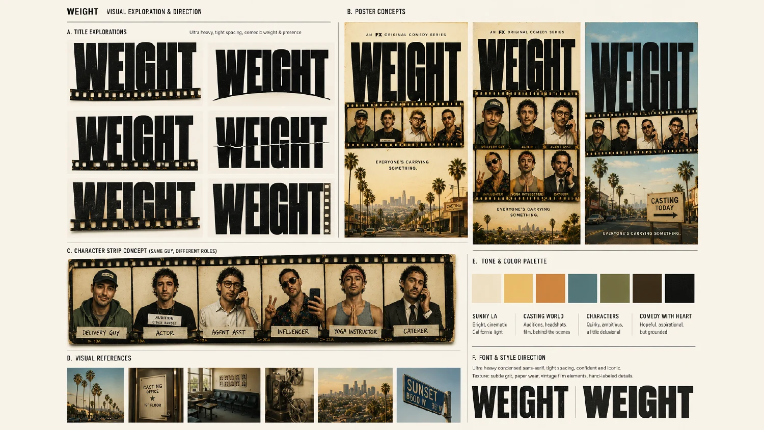 Visual exploration: title treatments, poster concepts, film-strip characters and a warm California color palette