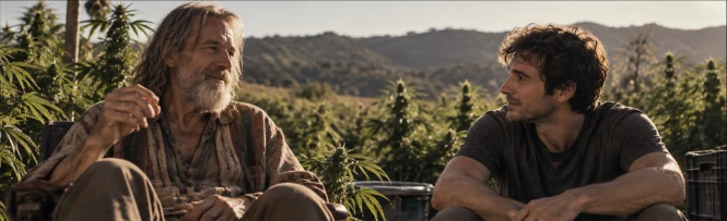 Chase and Bridges talking in the California countryside